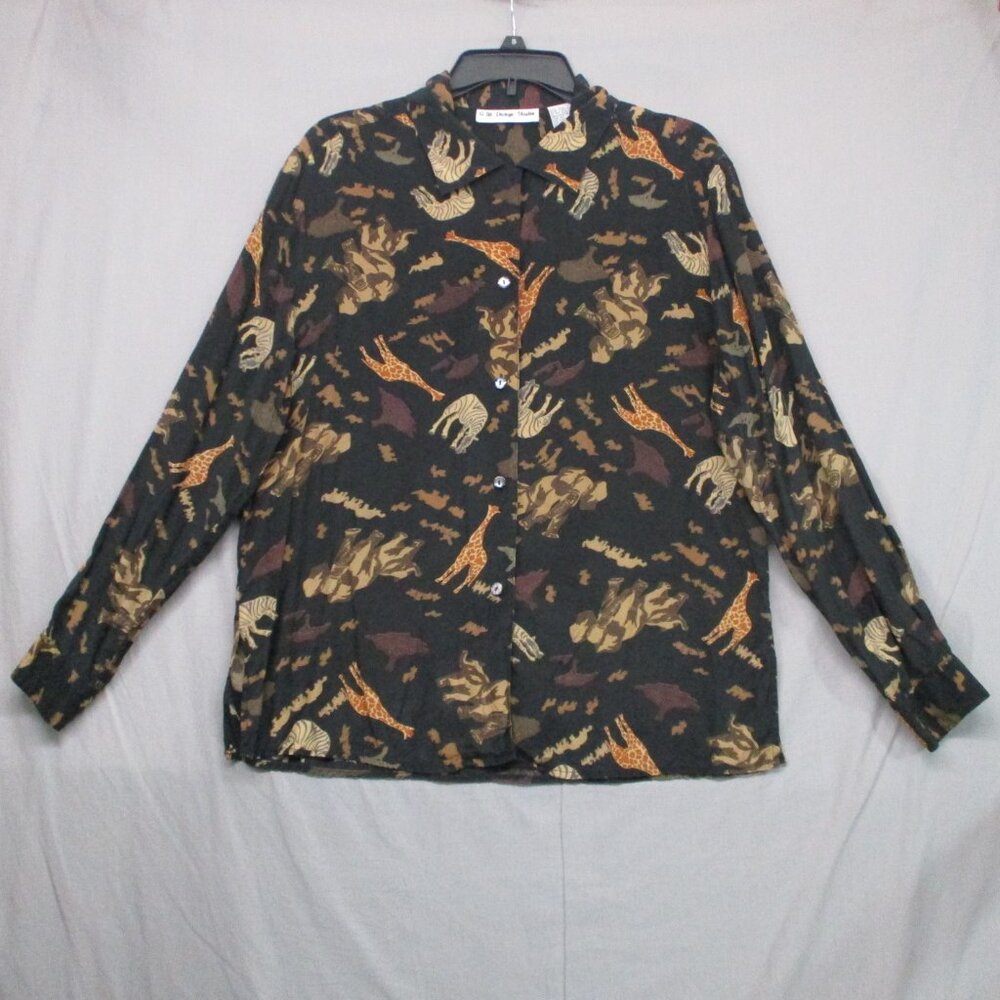 G.W. Design Studio Pearl Button Down 100% Silk Animal Print Black Women Size | L
